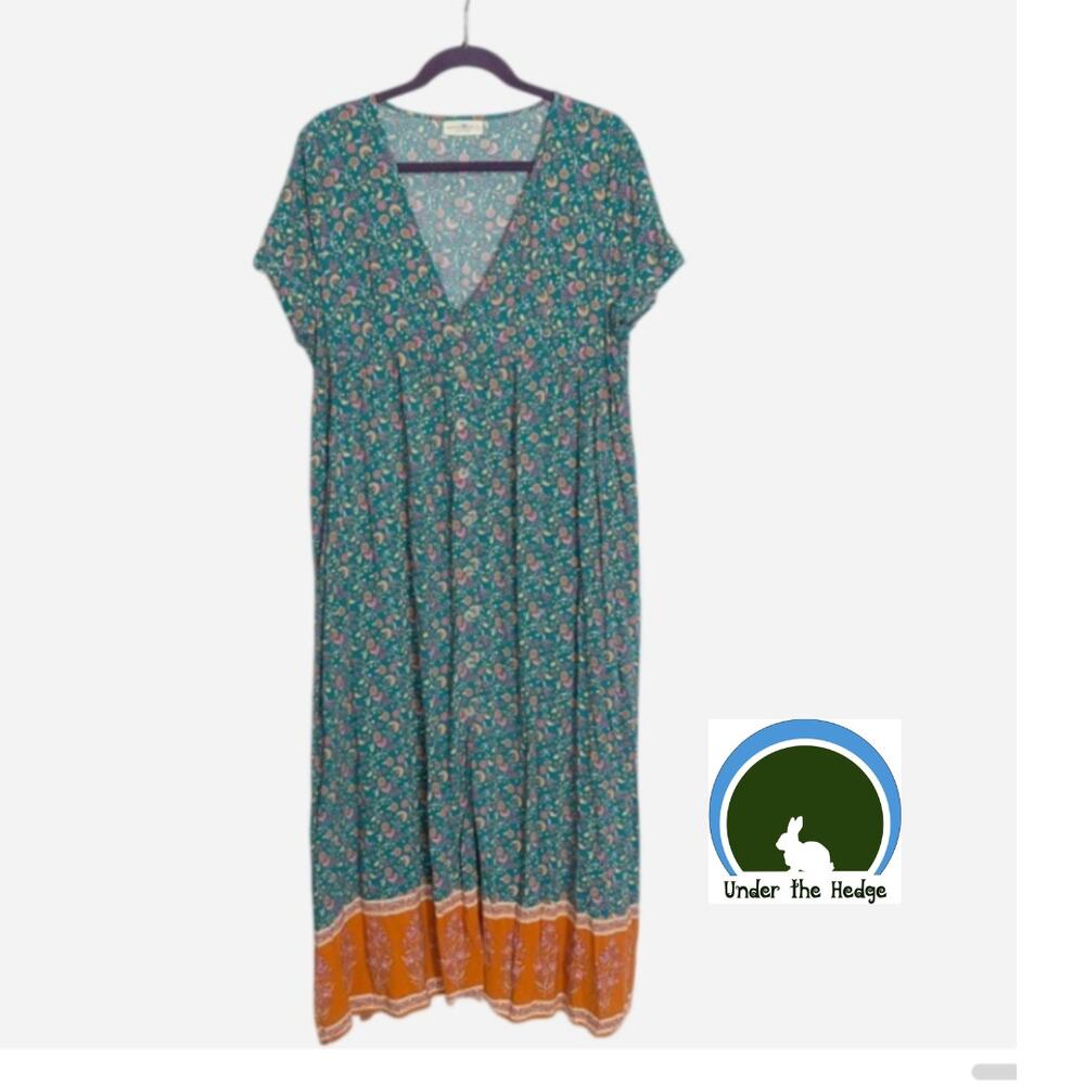 Natural Life Teal Floral Midi Dress Pockets Size Large Cottage Boho Prairie